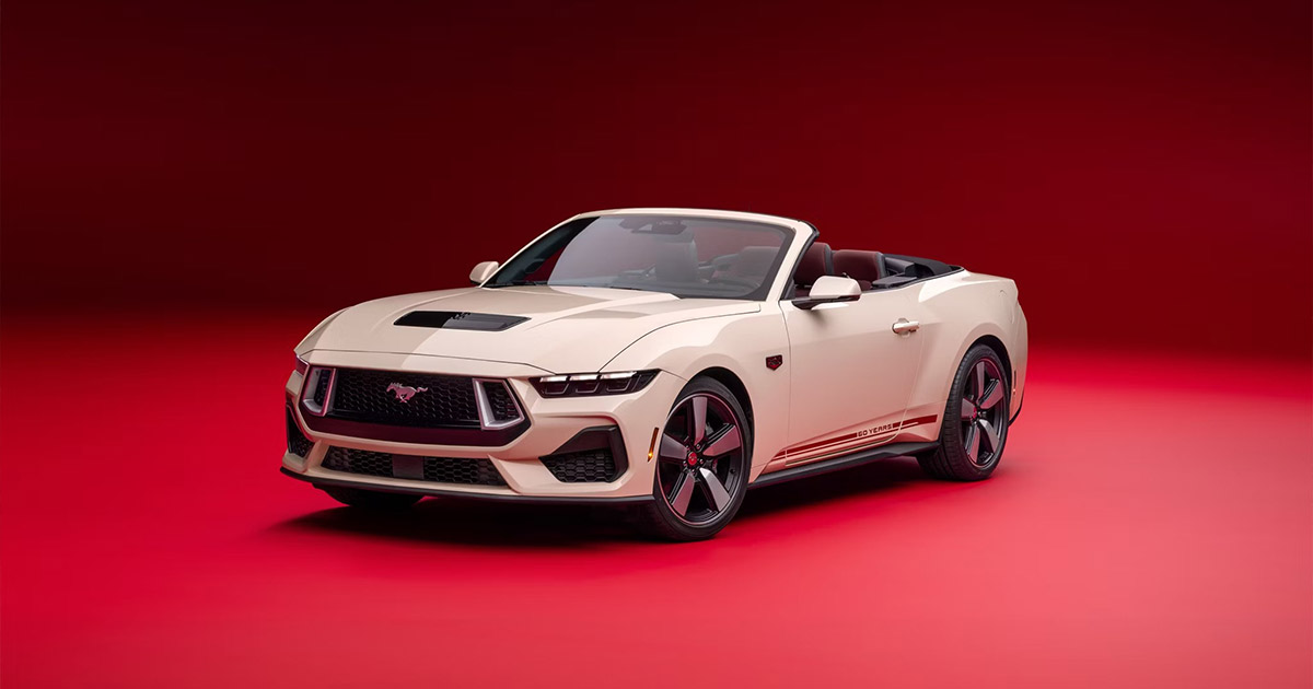 Ford Mustang GT convertible in white, sporty design, red background, sleek performance car