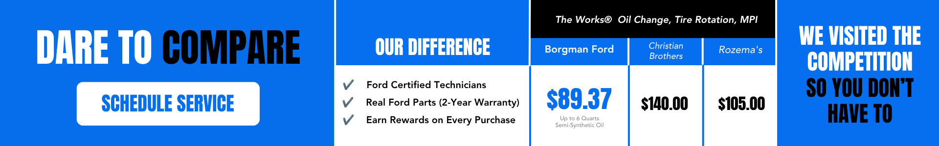 Compare prices between Borgamn Service Center and other Grand Rapids oil change centers and save money.